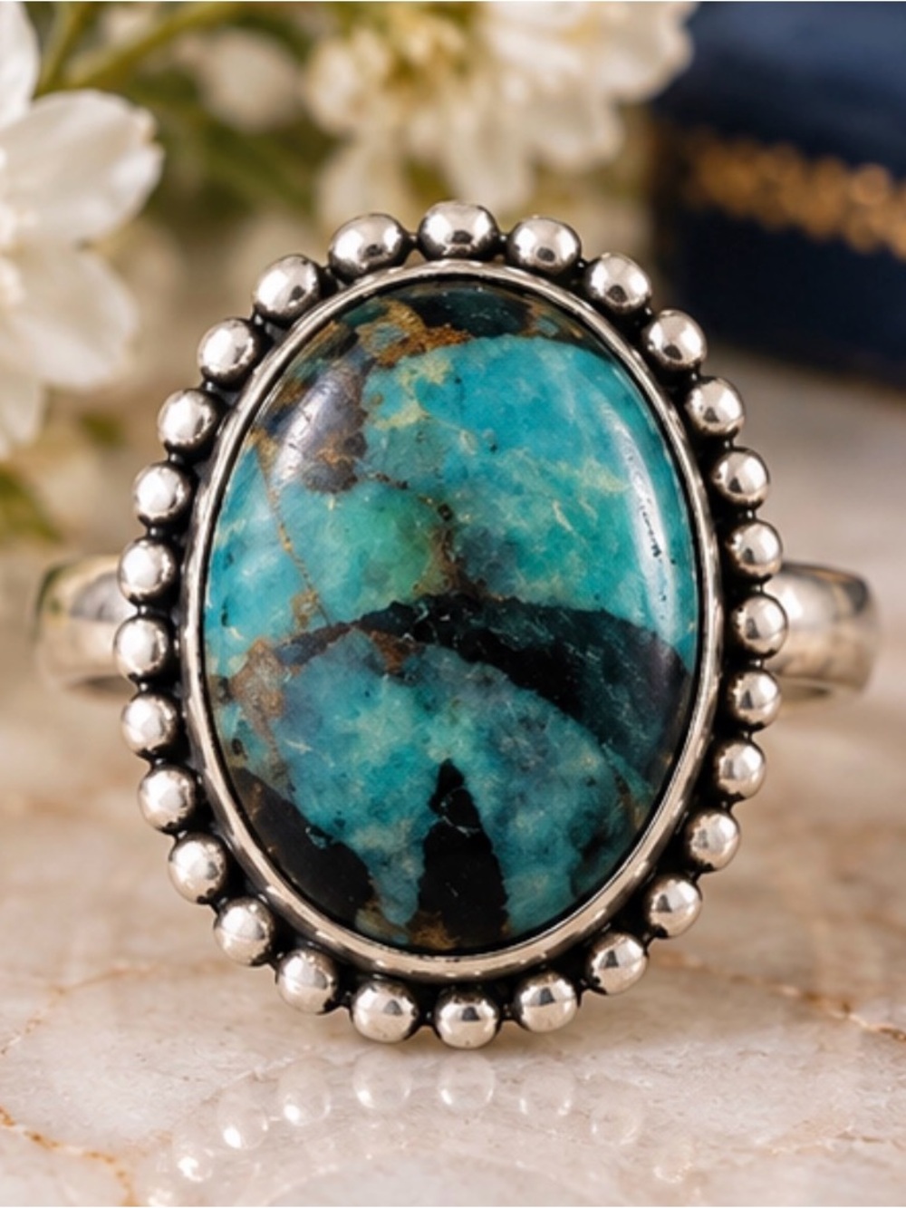 925 Sterling Silver plated Turquoise Oval Bezel Ring - Blue-Green Stone